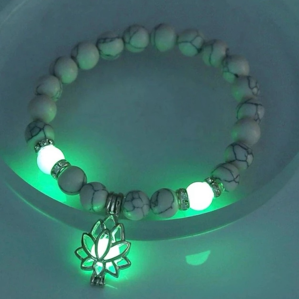 Beautiful Glowing Glow in the Dark Zen Lotus Charm marbled beed bracelet yogi